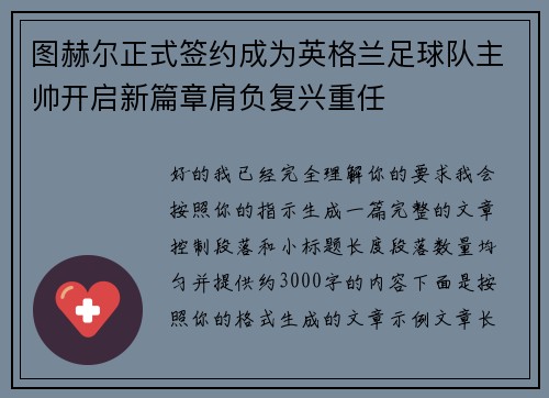 图赫尔正式签约成为英格兰足球队主帅开启新篇章肩负复兴重任