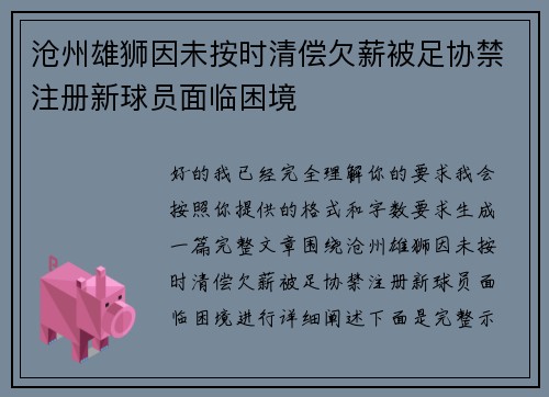 沧州雄狮因未按时清偿欠薪被足协禁注册新球员面临困境